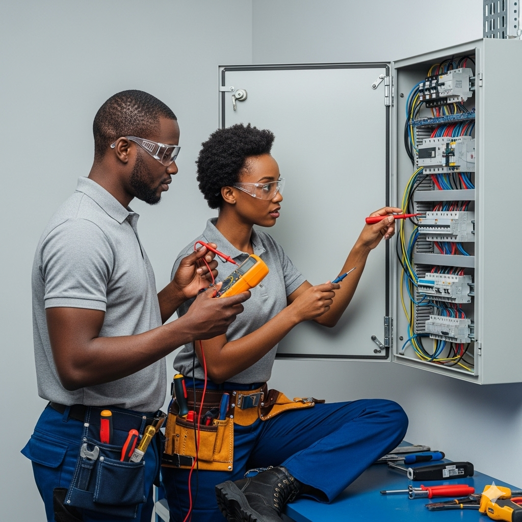 Professional electrical technicians working on control panel - KB Technical Solutions team